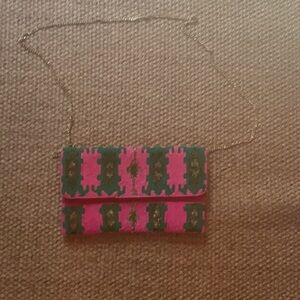 Pink and green beaded crossbody bag (does not have a brand)